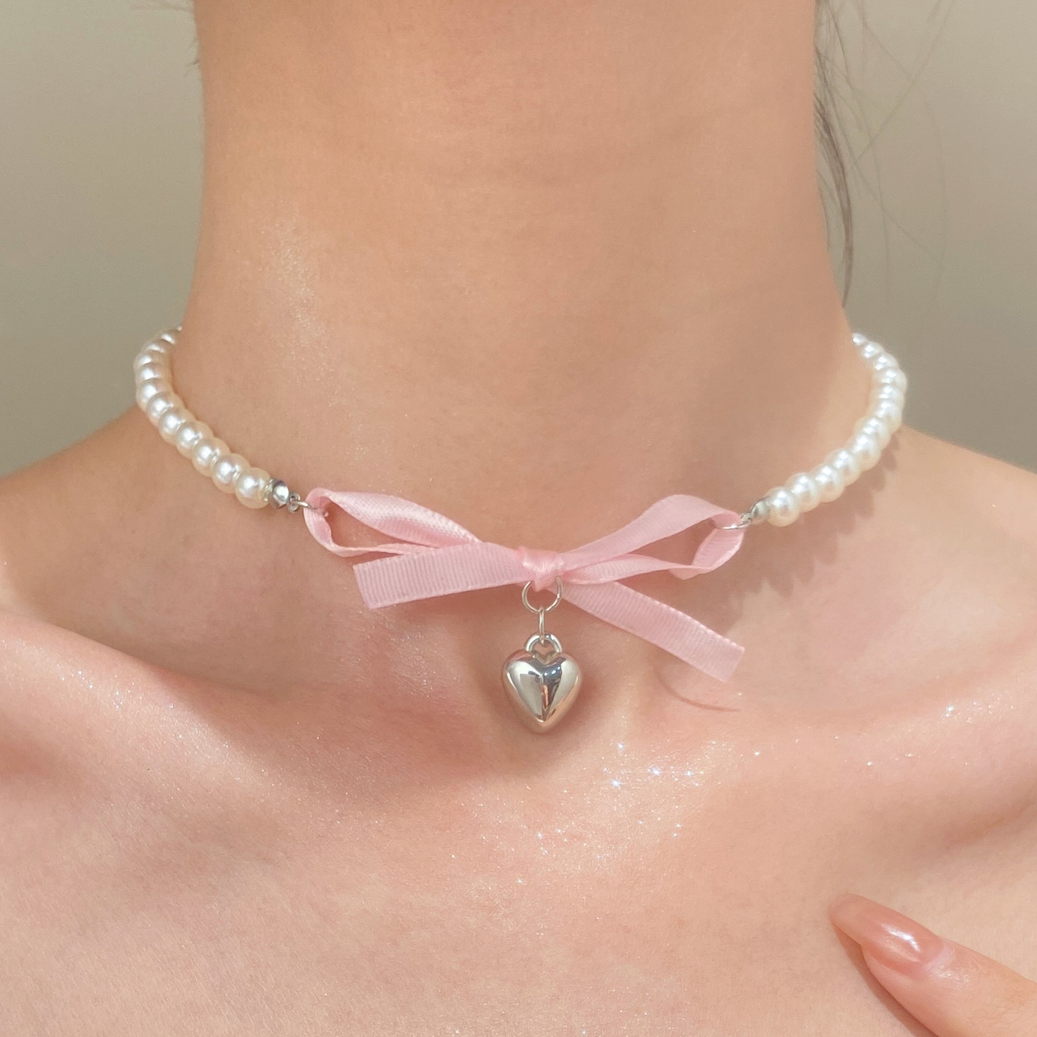 Pearl Trim Chain - Francês romântico rosa bowknot coração pingente