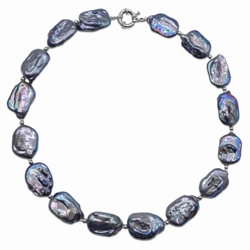 Pearl Trim Chain - Colar de pérolas plano azul pavão