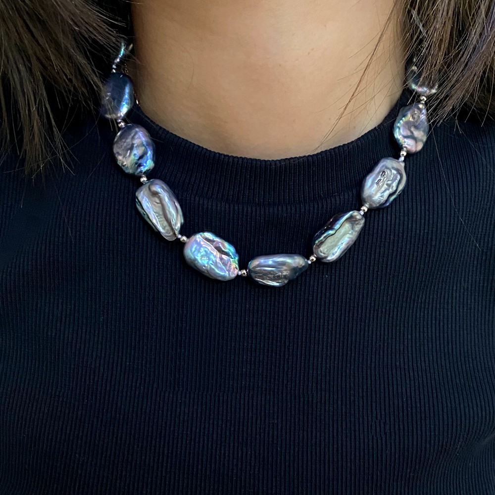 Colar de pérolas plano azul pa - Pearl Trim Chain avaliação e preço